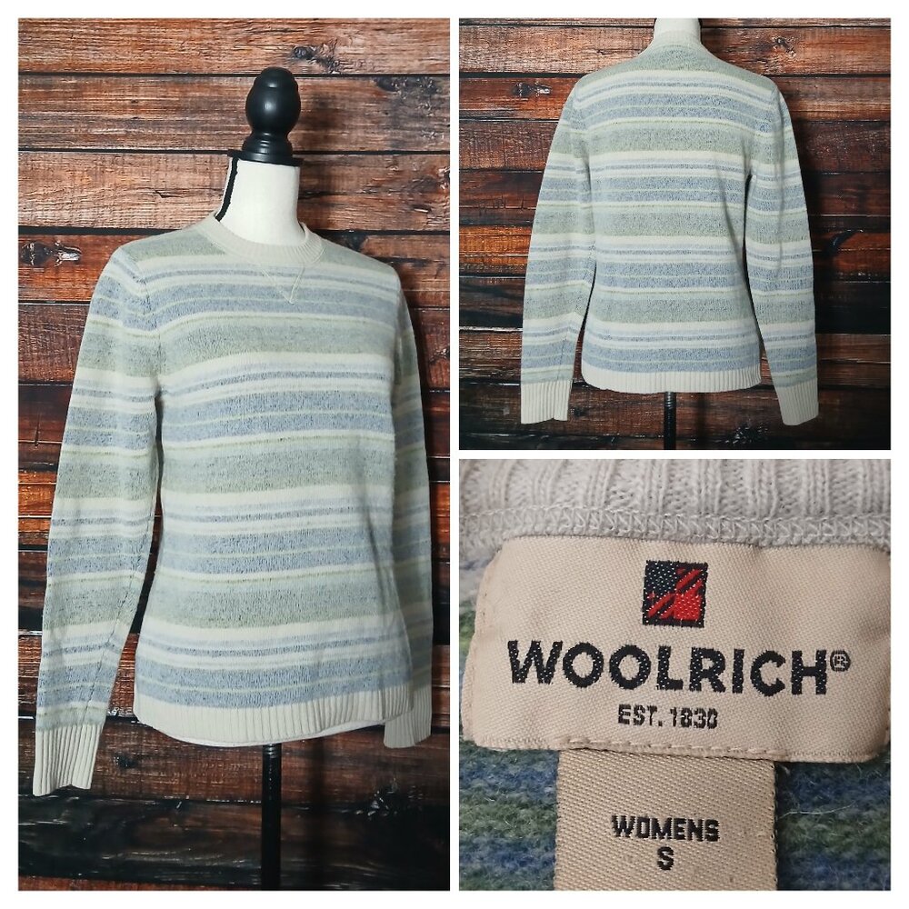 Woolrich Sweater S 100% Lambswool Crew Neck Cream Striped Rib Knit